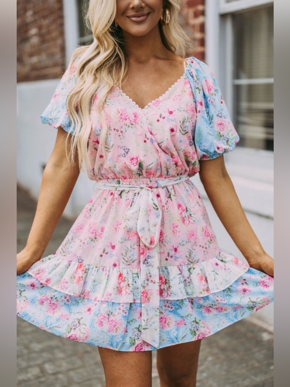 Lovecolette Floral Dress Sz L Pink Blue Cottagecore Puff Sleeve Coquette Mini